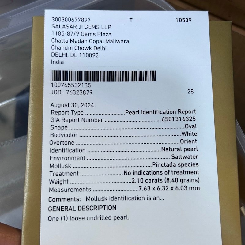GIA Certified Natural Basra Pearl 2.10 Ct (2.30 Ratti) - Image 2